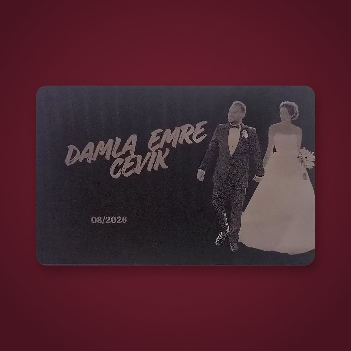 FD Diamond engraved metal card — Wedding card with date · laser-engraved couple portrait